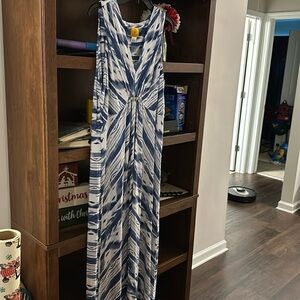 Blue and white patterned maxi dress